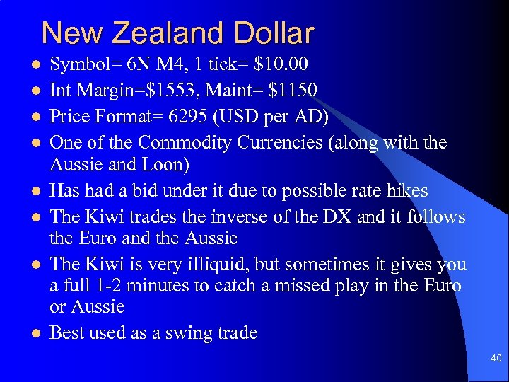 New Zealand Dollar l l l l Symbol= 6 N M 4, 1 tick=
