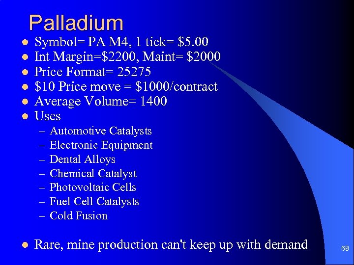 Palladium l l l Symbol= PA M 4, 1 tick= $5. 00 Int Margin=$2200,