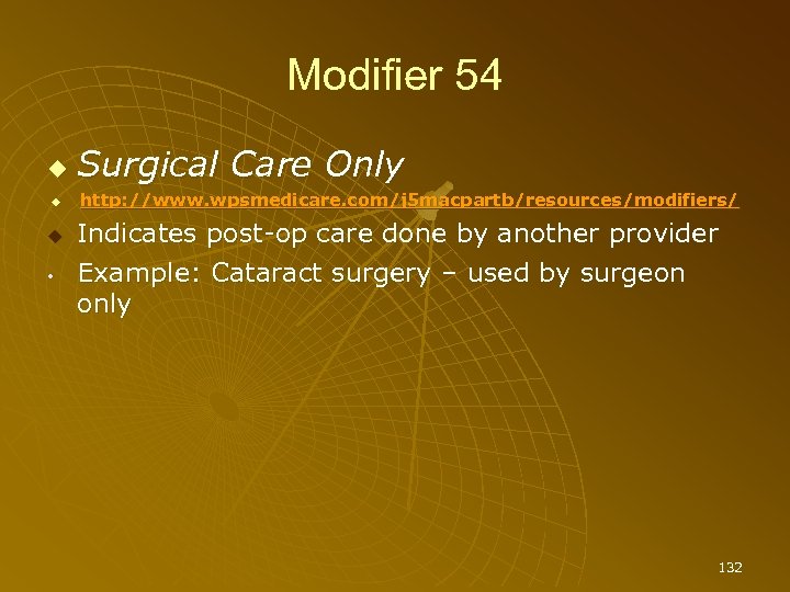 Modifier 54 • Surgical Care Only http: //www. wpsmedicare. com/j 5 macpartb/resources/modifiers/ Indicates post-op