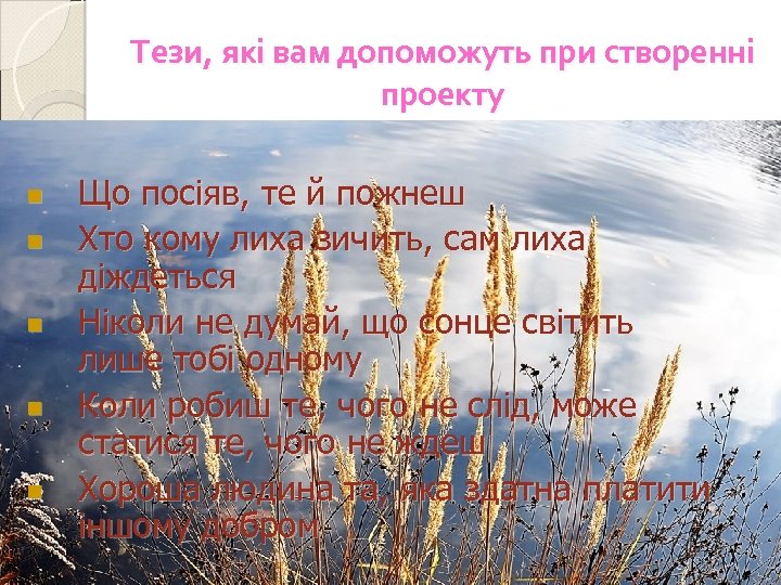 Тези, які вам допоможуть при створенні проекту n n n Що посіяв, те й