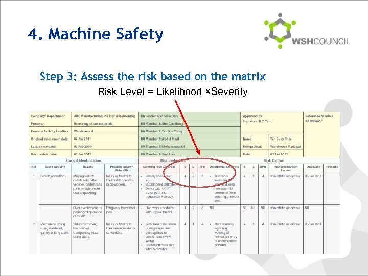 4. Machine Safety Step 3: Assess the risk based on the matrix Risk Level
