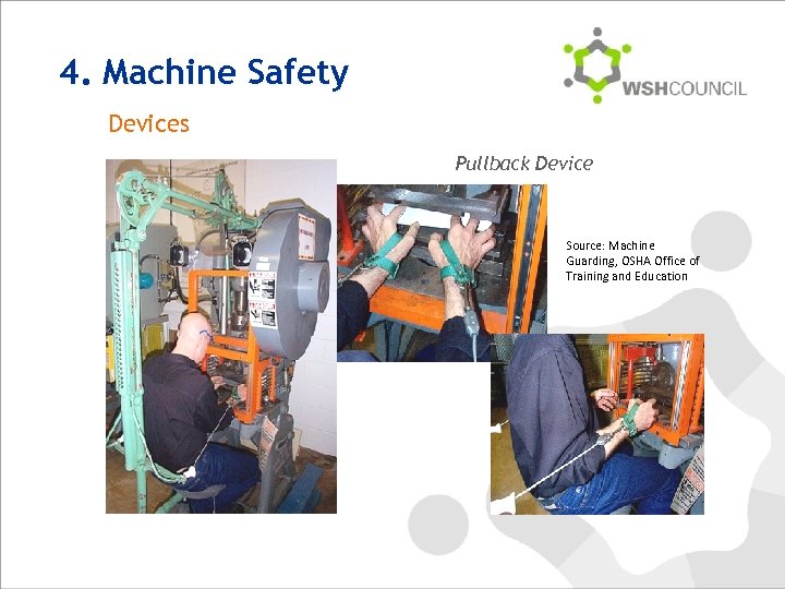 4. Machine Safety Devices Pullback Device Source: Machine Guarding, OSHA Office of Training and
