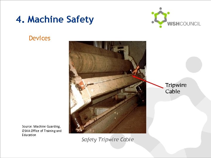 4. Machine Safety Devices Tripwire Cable Source: Machine Guarding, OSHA Office of Training and