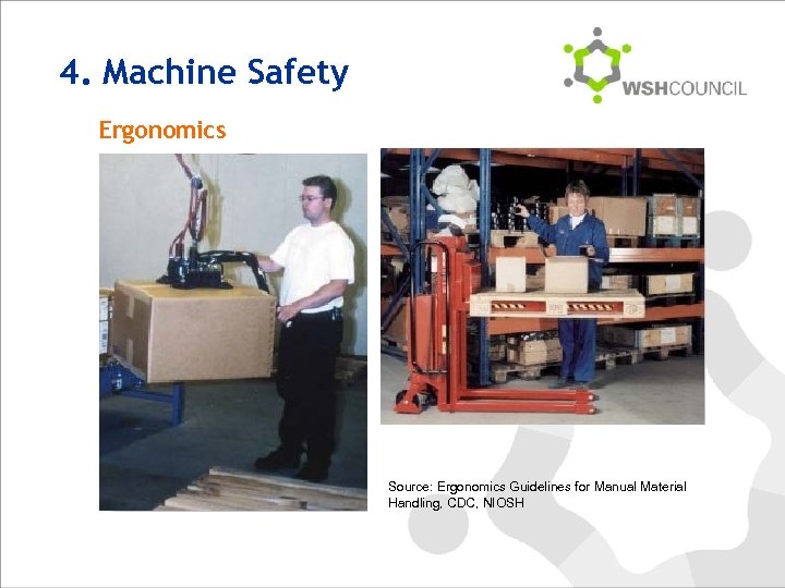 4. Machine Safety Ergonomics Source: Ergonomics Guidelines for Manual Material Handling, CDC, NIOSH 