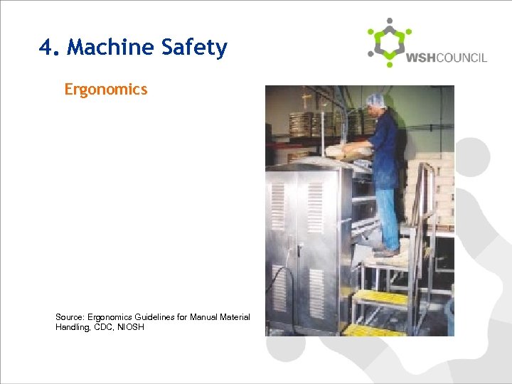 4. Machine Safety Ergonomics Source: Ergonomics Guidelines for Manual Material Handling, CDC, NIOSH 