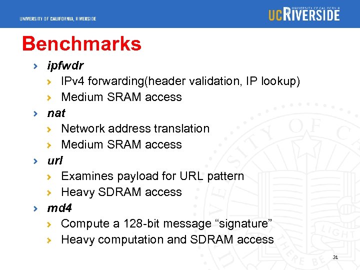 Benchmarks ipfwdr IPv 4 forwarding(header validation, IP lookup) Medium SRAM access nat Network address