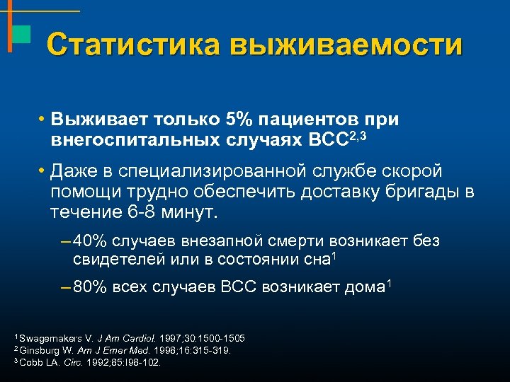 Статистика выживаемости • Выживает только 5% пациентов при внегоспитальных случаях ВСС 2, 3 •
