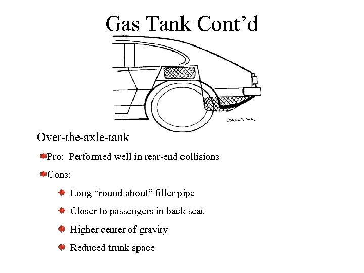 Gas Tank Cont’d Over-the-axle-tank Pro: Performed well in rear-end collisions Cons: Long “round-about” filler