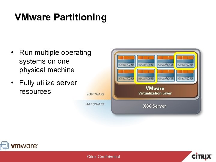 VMware Partitioning • Run multiple operating systems on one physical machine • Fully utilize