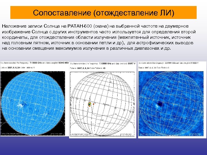 Сопоставление (отождествление ЛИ) Наложение записи Солнца на РАТАН-600 (скана) на выбранной частоте на двумерное