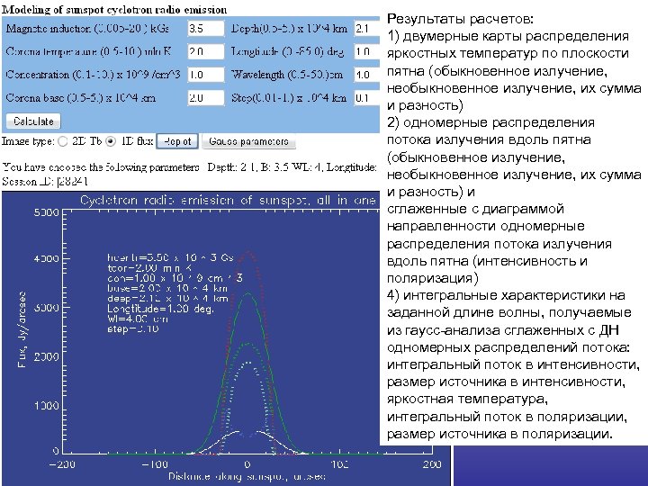 Результаты расчетов: 1) двумерные карты распределения яркостных температур по плоскости пятна (обыкновенное излучение, необыкновенное