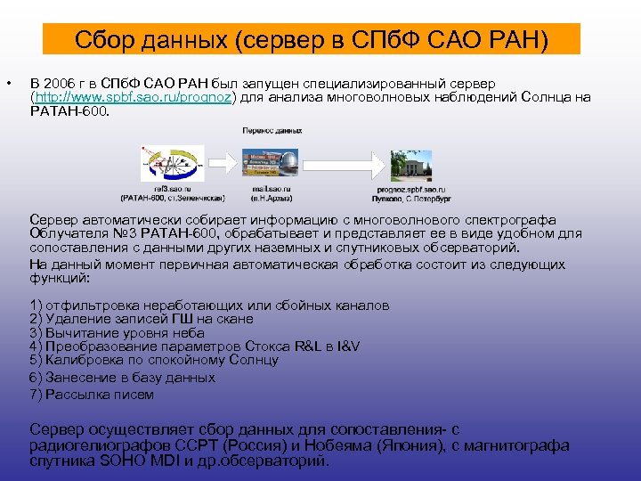 Сбор данных (сервер в СПб. Ф САО РАН) • В 2006 г в СПб.