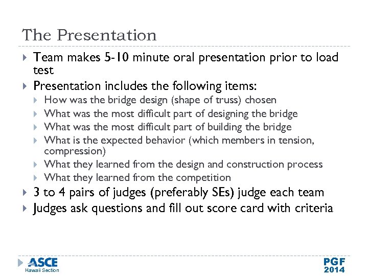 The Presentation Team makes 5 -10 minute oral presentation prior to load test Presentation