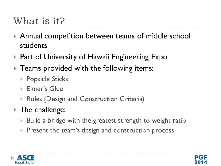 What is it? Annual competition between teams of middle school students Part of University