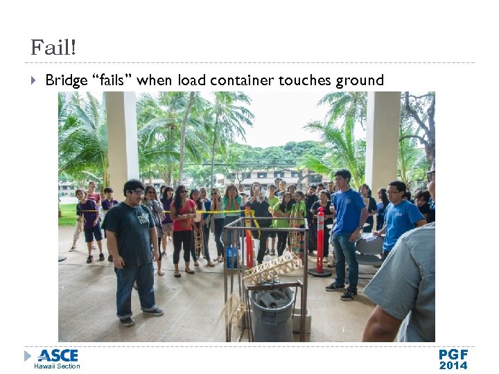 Fail! Bridge “fails” when load container touches ground Hawaii Section PGF 2014 