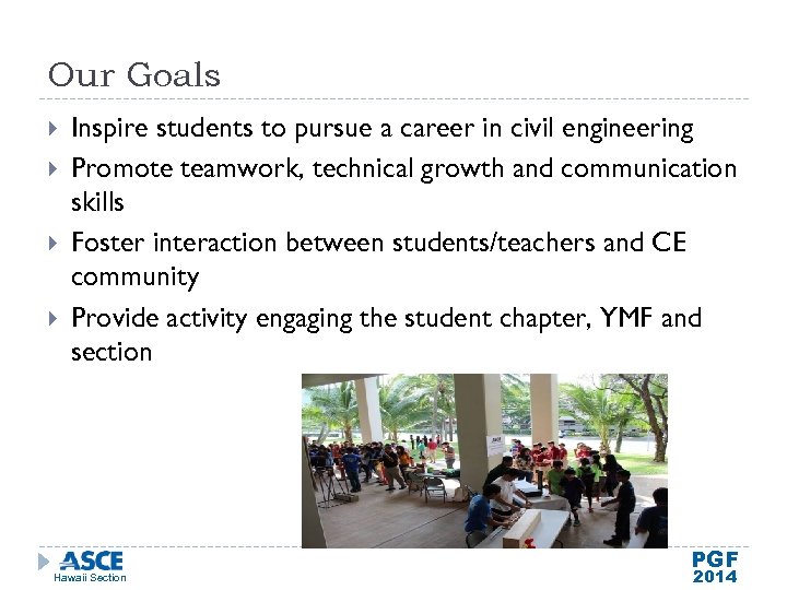 Our Goals Inspire students to pursue a career in civil engineering Promote teamwork, technical