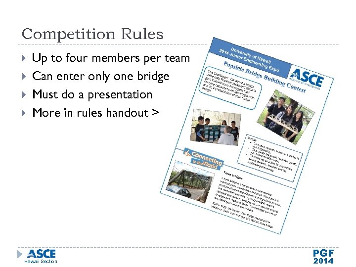 Competition Rules Up to four members per team Can enter only one bridge Must