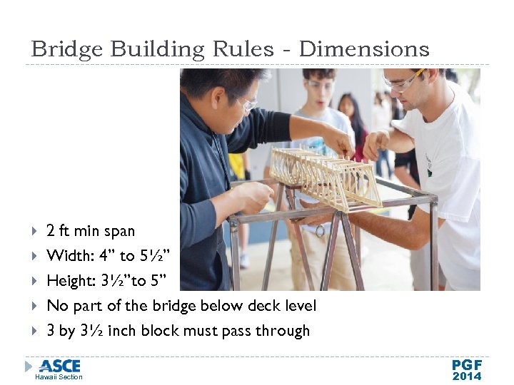 Bridge Building Rules - Dimensions 2 ft min span Width: 4” to 5½” Height: