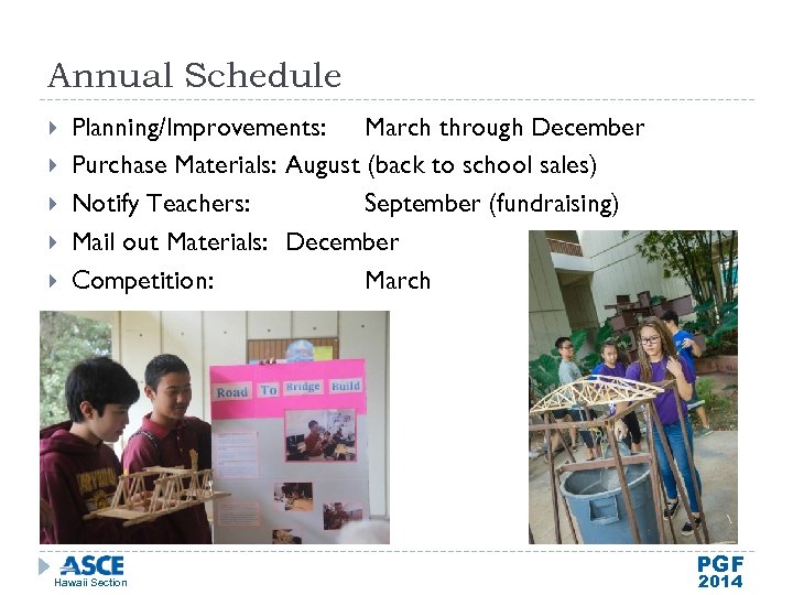 Annual Schedule Planning/Improvements: March through December Purchase Materials: August (back to school sales) Notify