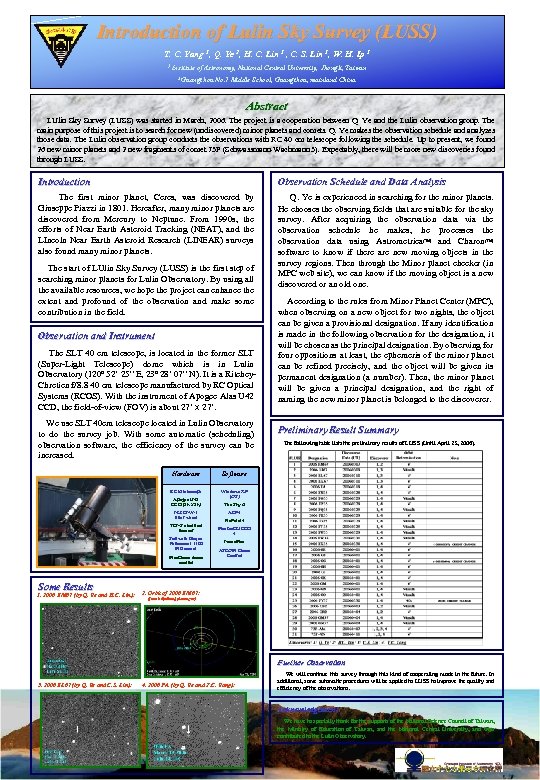 Introduction of Lulin Sky Survey (LUSS) T. C. Yang 1, Q. Ye 2, H.