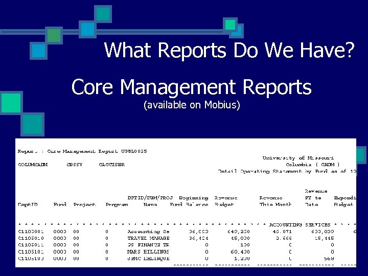 What Reports Do We Have? Core Management Reports (available on Mobius) 