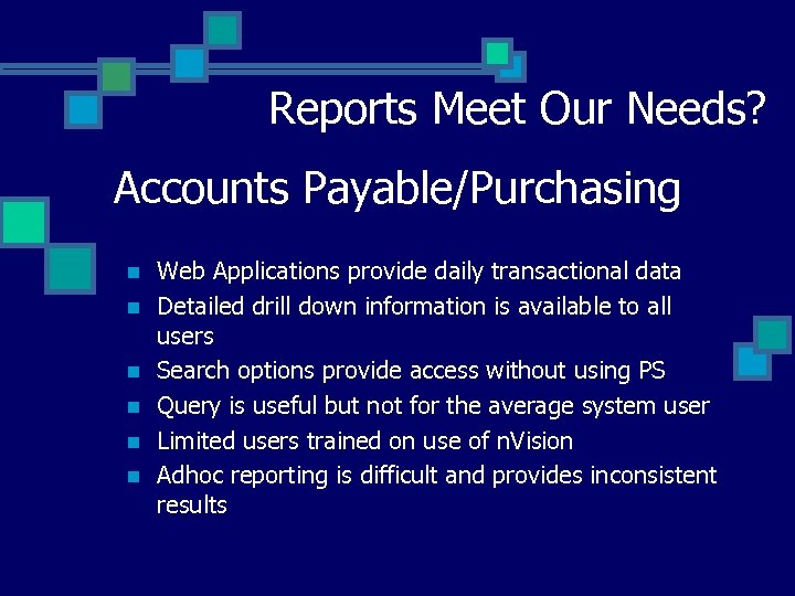 Reports Meet Our Needs? Accounts Payable/Purchasing n n n Web Applications provide daily transactional