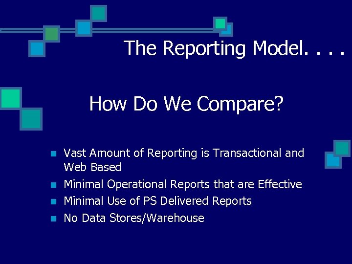 The Reporting Model. . How Do We Compare? n n Vast Amount of Reporting