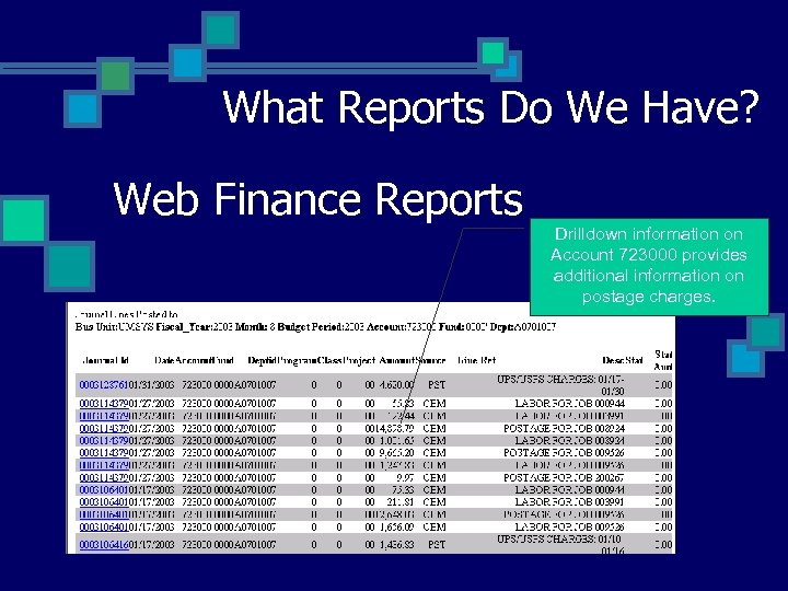 What Reports Do We Have? Web Finance Reports Drilldown information on Account 723000 provides