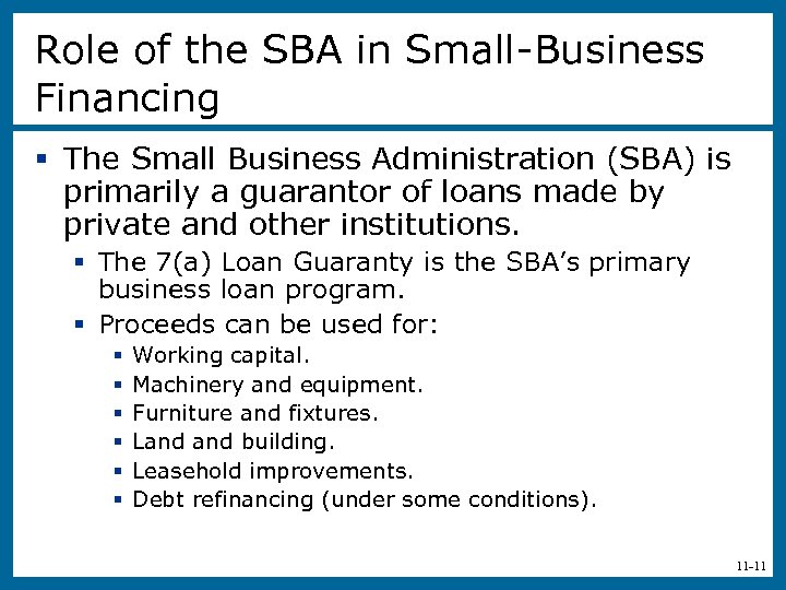 Role of the SBA in Small-Business Financing § The Small Business Administration (SBA) is