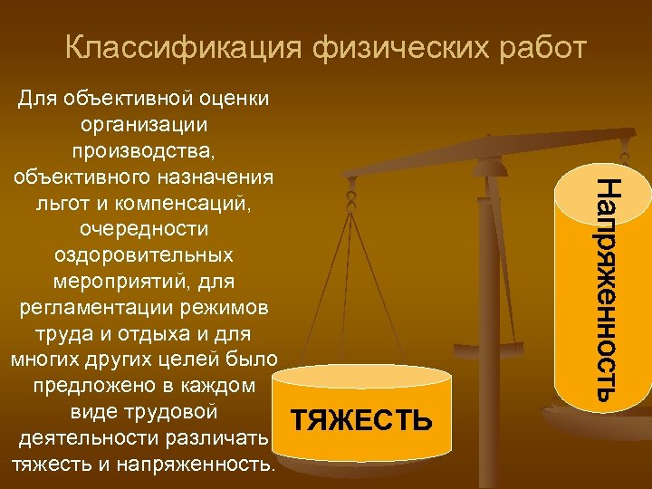 Классификация физических работ Для объективной оценки организации производства, объективного назначения льгот и компенсаций, очередности