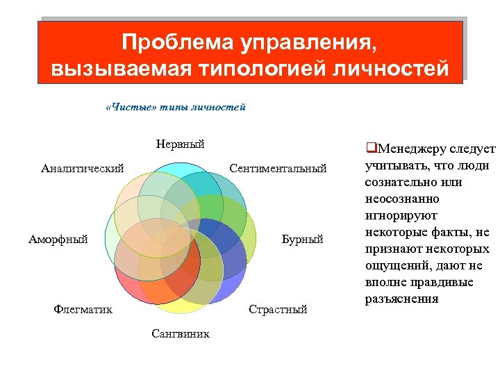 Проблема управления, вызываемая типологией личностей «Чистые» типы личностей Нервный Аналитический Сентиментальный Аморфный Бурный Флегматик