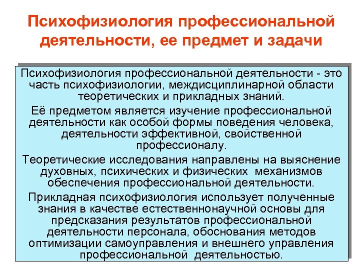 Психофизиология профессиональной деятельности, ее предмет и задачи Психофизиология профессиональной деятельности - это часть психофизиологии,