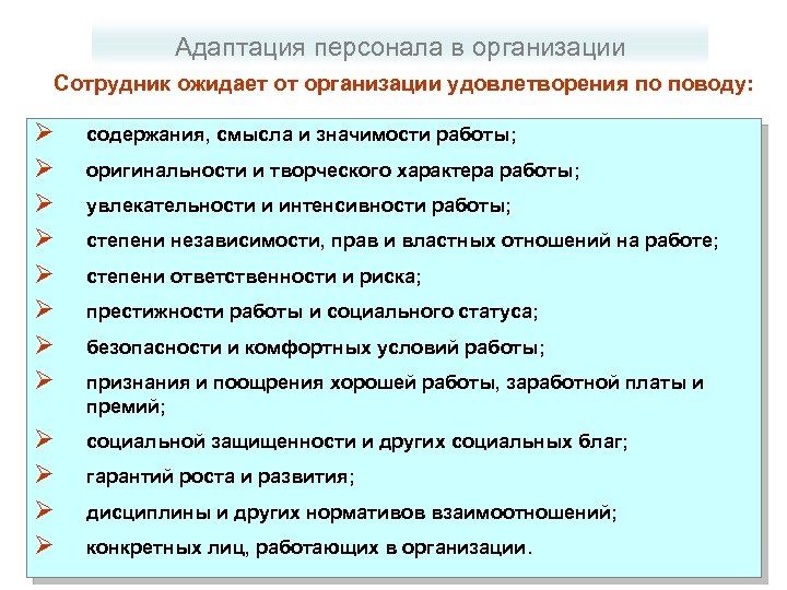 Адаптация персонала в организации Сотрудник ожидает от организации удовлетворения по поводу: Ø Ø Ø