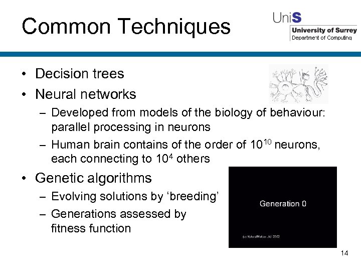 Common Techniques • Decision trees • Neural networks – Developed from models of the