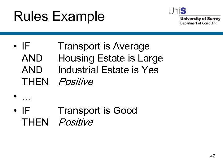 Rules Example • IF AND THEN • … • IF THEN Transport is Average