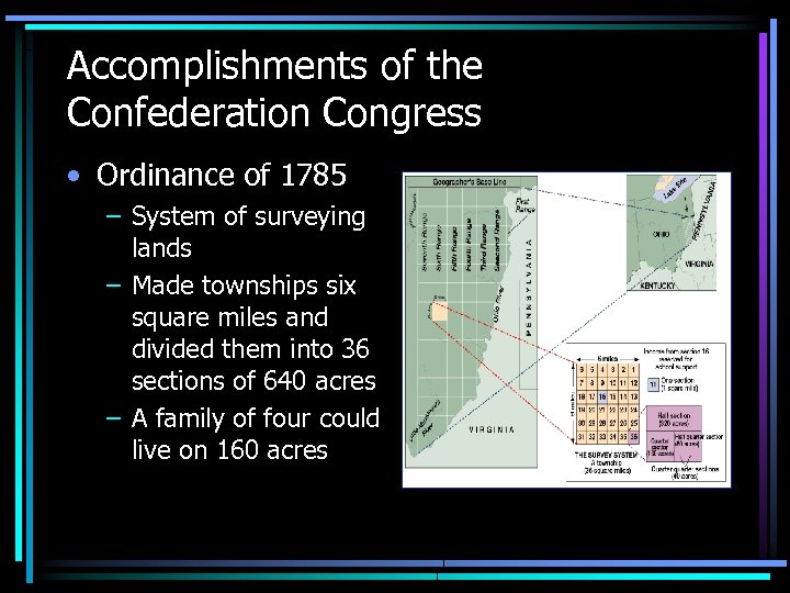 Accomplishments of the Confederation Congress • Ordinance of 1785 – System of surveying lands