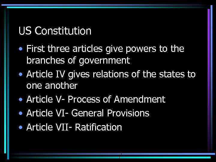 US Constitution • First three articles give powers to the branches of government •