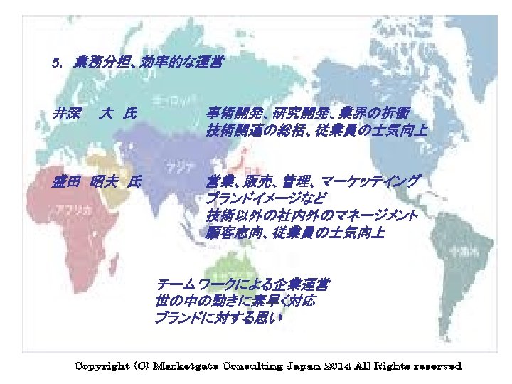 5. 　業務分担、効率的な運営 井深　　大　氏　　　　 事術開発、研究開発、業界の折衝 技術関連の総括、従業員の士気向上 盛田　昭夫　氏　　　　 　　 営業、販売、管理、マーケッテイング ブランドイメージなど 技術以外の社内外のマネージメント 顧客志向、従業員の士気向上 　　　　　　チームワークによる企業運営 世の中の動きに素早く対応 ブランドに対する思い