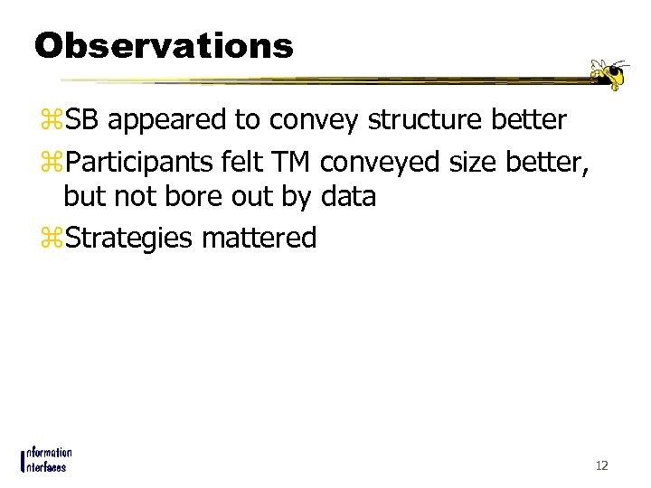 Observations z. SB appeared to convey structure better z. Participants felt TM conveyed size