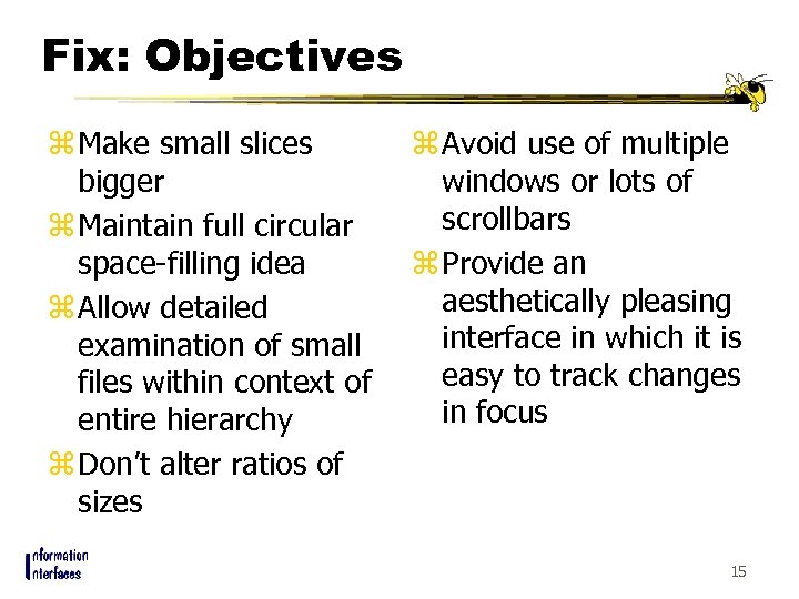 Fix: Objectives z Make small slices bigger z Maintain full circular space-filling idea z