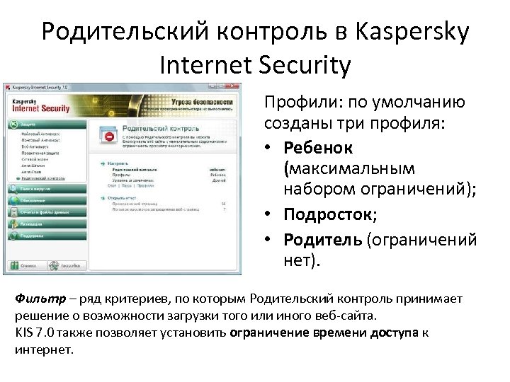 Родительский контроль в Kaspersky Internet Security Профили: по умолчанию созданы три профиля: • Ребенок