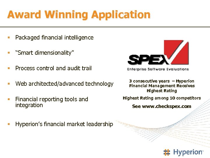 Award Winning Application § Packaged financial intelligence § “Smart dimensionality” § Process control and