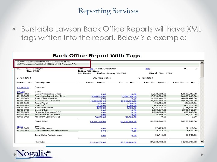 Reporting Services • Burstable Lawson Back Office Reports will have XML tags written into