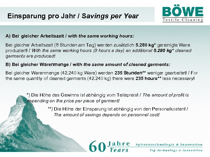 Einsparung pro Jahr / Savings per Year A) Bei gleicher Arbeitszeit / with the