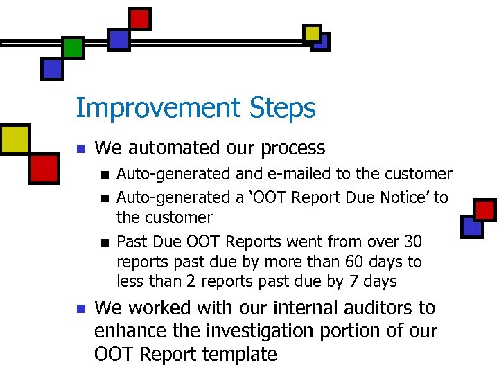 Improvement Steps n We automated our process n n Auto-generated and e-mailed to the