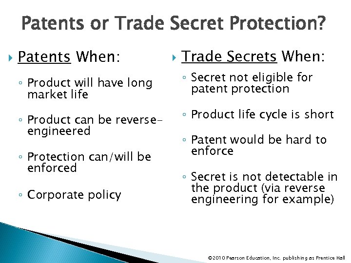 Patents or Trade Secret Protection? Patents When: Trade Secrets When: ◦ Product will have