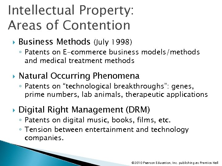 Intellectual Property: Areas of Contention Business Methods (July 1998) ◦ Patents on E-commerce business