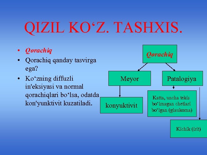 QIZIL KO‘Z. TASHXIS. • Qorachiq qanday tasvirga ega? • Ko‘zning diffuzli Meyor in'eksiyasi va