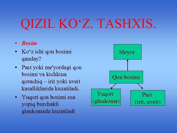 QIZIL KO‘Z. TASHXIS. • Bosim • Ko‘z ichi qon bosimi qanday? • Past yoki