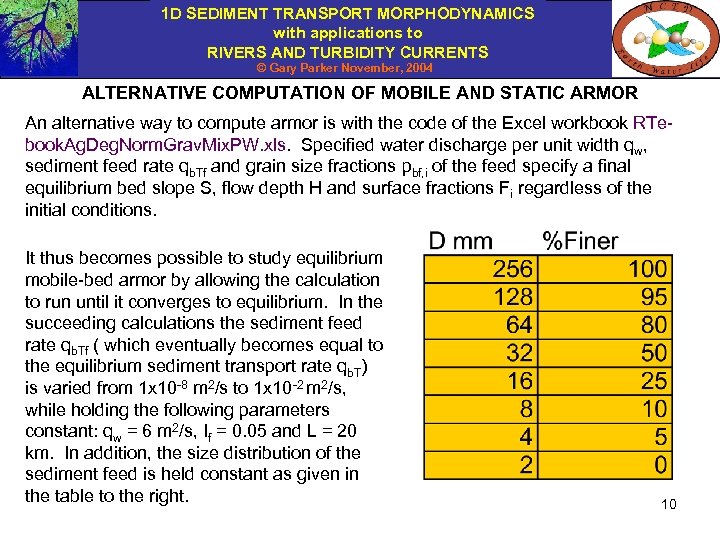 1 D SEDIMENT TRANSPORT MORPHODYNAMICS with applications to RIVERS AND TURBIDITY CURRENTS © Gary
